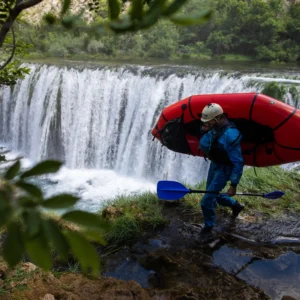 A person walking above a big waterfall on Zrmanja river while carrying a paddle and a packraft.