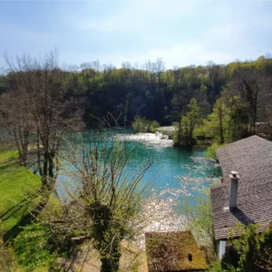 Dron shot of the river Mreznica with the restaurant "Zeleni Kut" in the foreground