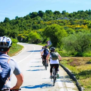 Grupa ljudi biciklira niz cestu