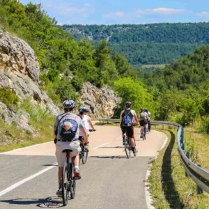 Grupa ljudi biciklira niz cestu