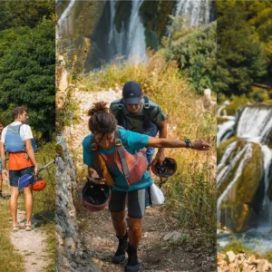 Tri slike koje prikazuju šetnju ljudi prije početka rafting izleta na rijeci Uni